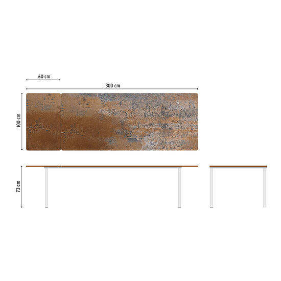Portland Stainless Steel Extending Table 240-300 x 100, with HPL top Patina Grey-Brown