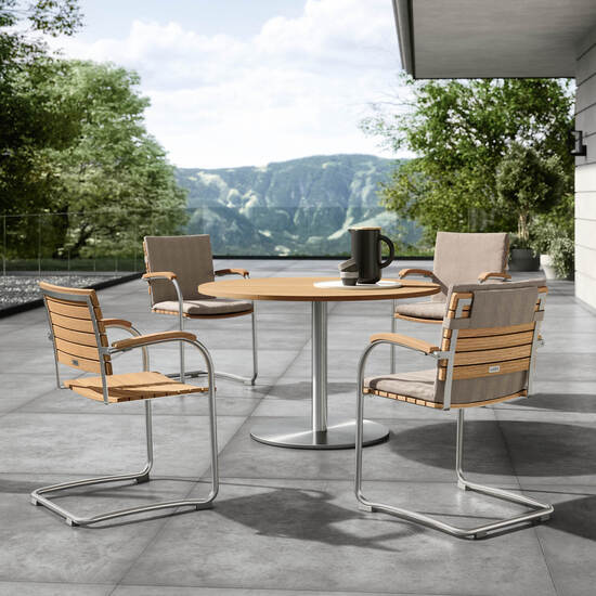 Ronda Single-Pedestal Table Stainless Steel Ø 120 with teak top