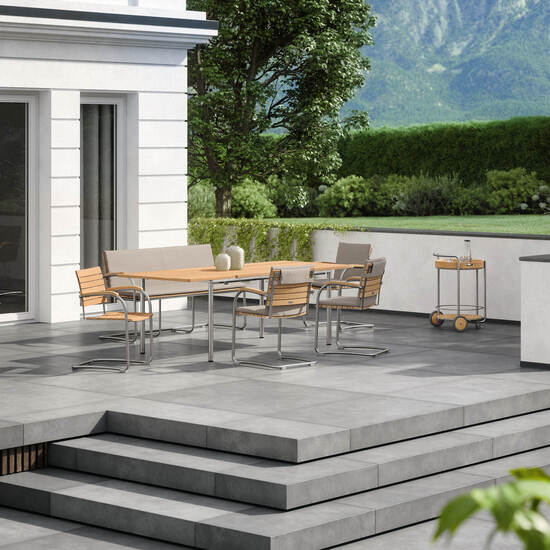 Portland Stainless Steel Extending Table 165-225 x 90 with teak top