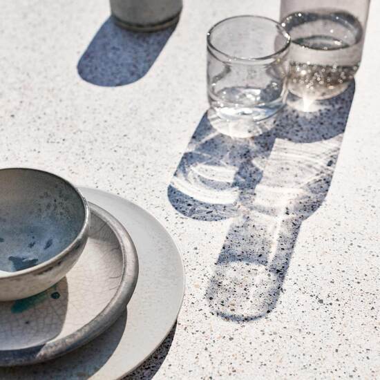 Namur Single-Pedestal Table lightweight concrete round 120 table top terrazzo mosaic